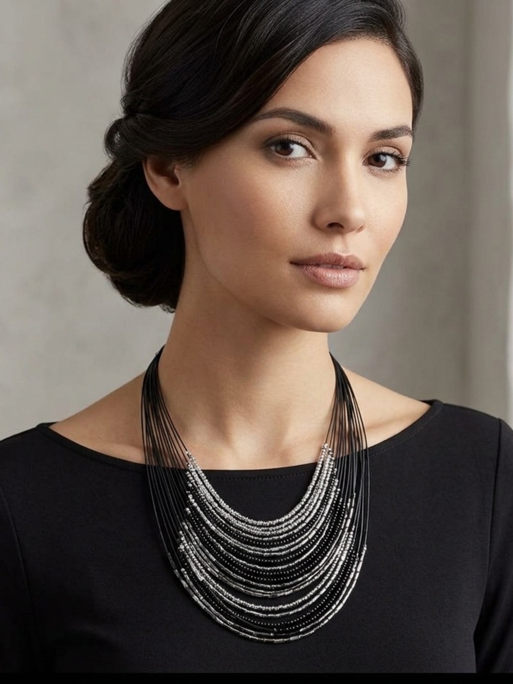 Vintage 90s Multi strands black silver steel grey beaded bib statement necklace.